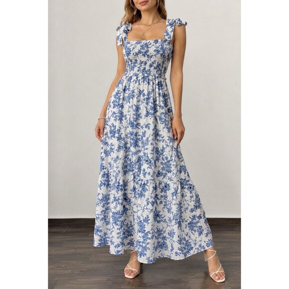 Max Studio Dresses & Skirts - NWT Max Studio Blue Floral Smocked Maxi Dress Size L Tiered Tie Shoulder $178